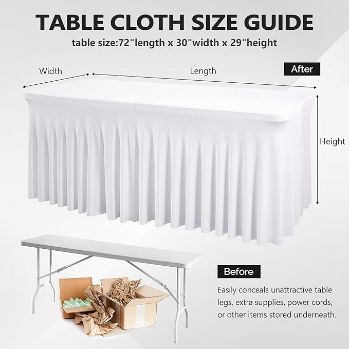 Wish Care 6 Pack White Spandex Table Clothes for 6 Foot Rectangle Tables, 6FT Wrinkle Free Fitted Tablecloths Ruffles Design Table Cover for Party, Banquet, Wedding and Events