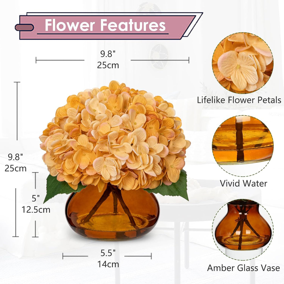 Hollyone Hydrangea Fall Flowers Artificial for Decoration with Glass Vase Yel...