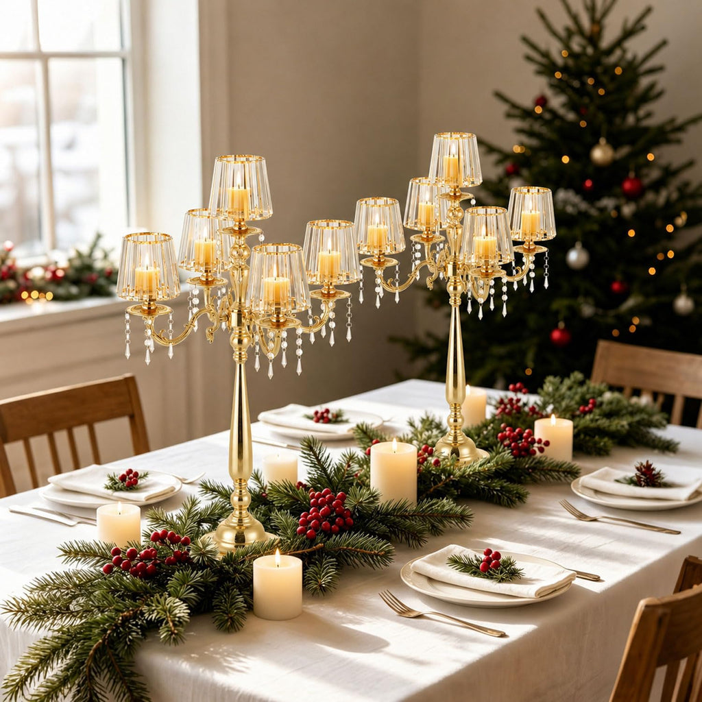5 Arms Crystal Gold Candelabra Centerpiece | 33 Inch Tall Candle Holder with Glass Shade,Table Decor for Wedding Anniversary Dinner Party Home Gift