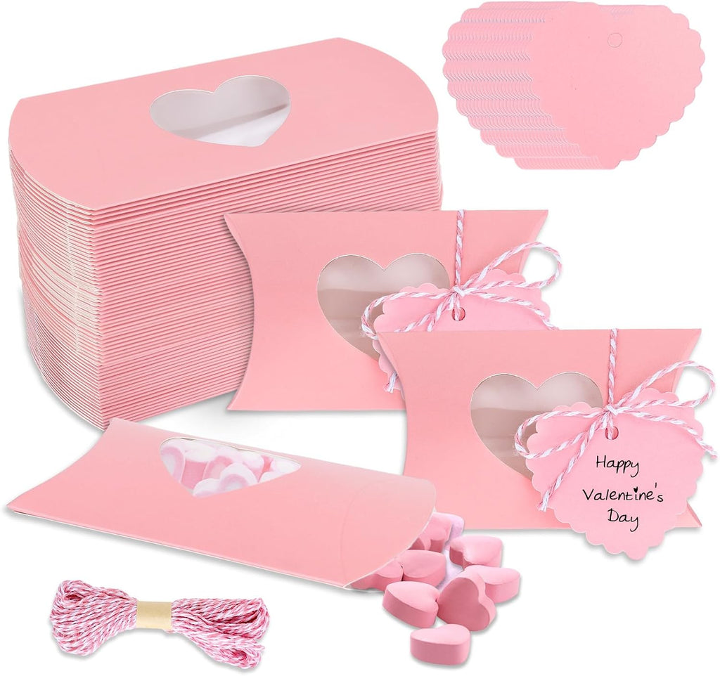 JarThenaAMCS 50Pcs Valentine' s Day Treat Boxes with Gift Tag Cotton Rope Paper Gift Container Pink Pillow Box with Heart Shaped PVC Window for Wedding Party Birthday Sweets Chocolate