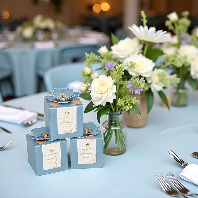 FEIYI 20 PCS Favor Boxes, 3 In 1 Dusty Blue Candy Boxes with Floral Decor, White Thank You Tags Gold Foil Print Gift wrapping for Wedding, Baby Shower, Birthday, Decorations Party - 2.55x2.55x2.55