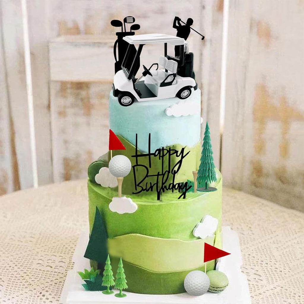 2026 New Golf Cake Decorations with Mini Cart, Clubs, Ball, Green Tree, Red Flag Cupcake Toppers, for Golf Theme Birthday Party Decoration Supplies