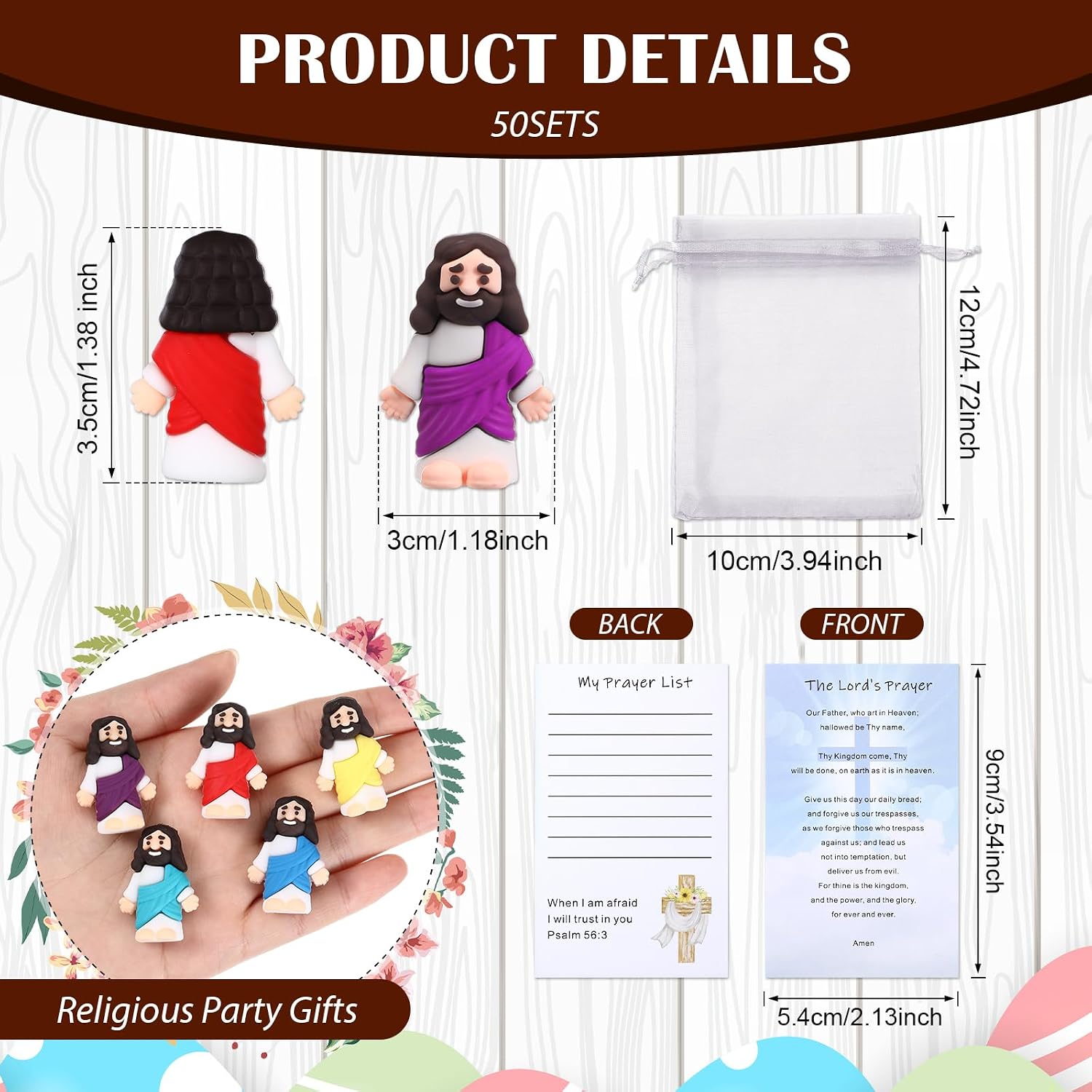 Bememo 150 Pcs Christian Gifts Bulk Bible Verse Cards Little Jesus Figures Prayer Cards Organza Bags for Easter Hunt Religious Party Favors Sunday Baptism, 50 Set(Classic Color,Open Hands)