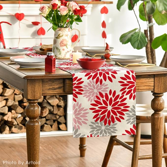 Artoid Mode Red Pink Dahlia Floral Pinnata Christmas Table Runner, Valentine Summer Kitchen Dining Table Decoration for Home Party Decor 13x36 Inch