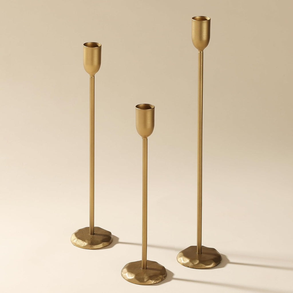 Perfnique Brass Candlestick Holders Set of 3 - Antique Gold Iron Candle Holders for Christmas, Birthday, Wedding, Party, Dining Table, Fireplace Mantel Decor