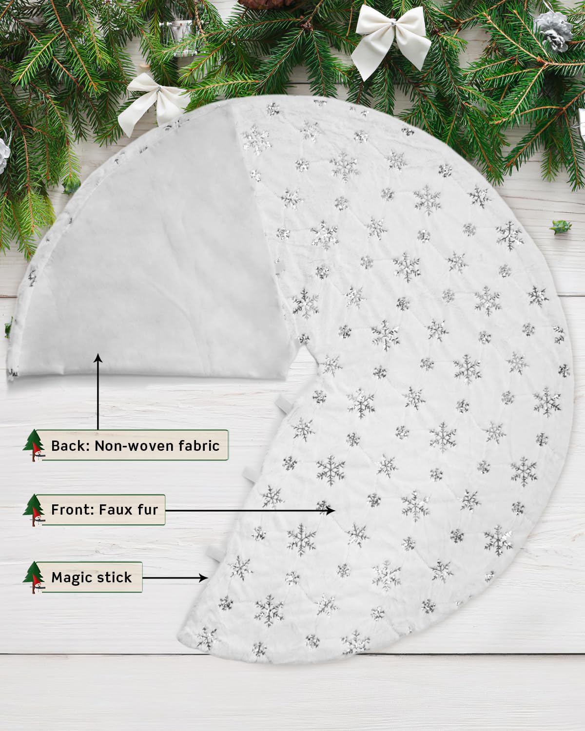 COOLWUFAN 72 Inches Faux Fur Christmas Tree Skirt for Xmas Tree Holiday Party Decorations White Plush Silver Sequin Snowflake (Silver)