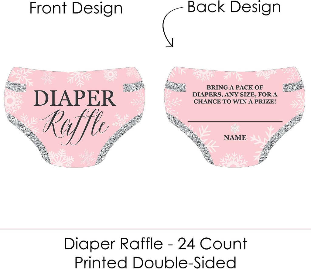 Big Dot of Happiness Pink Winter Wonderland - Diaper Shaped Raffle Ticket Inserts - Holiday Snowflake Baby Shower Activities - Diaper Raffle Game - Set of 24