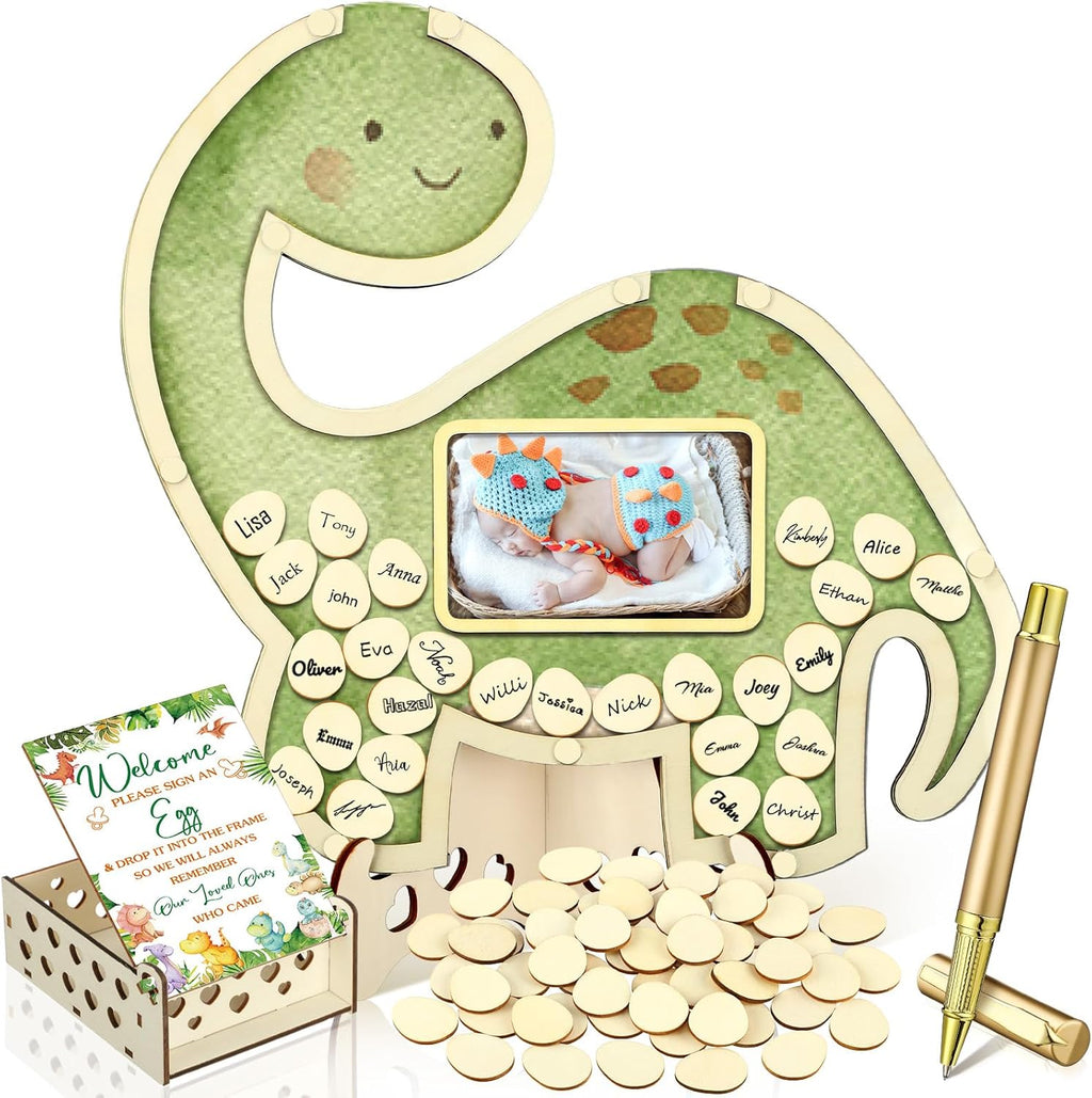 Wenqik 63 Pcs Dinosaur Baby Shower Guest Book Alternatives Set Baby Shower Decorations with Photo Frame Sonogram Frame Keepsake 60 Wood Slices Guest Book for Birthday