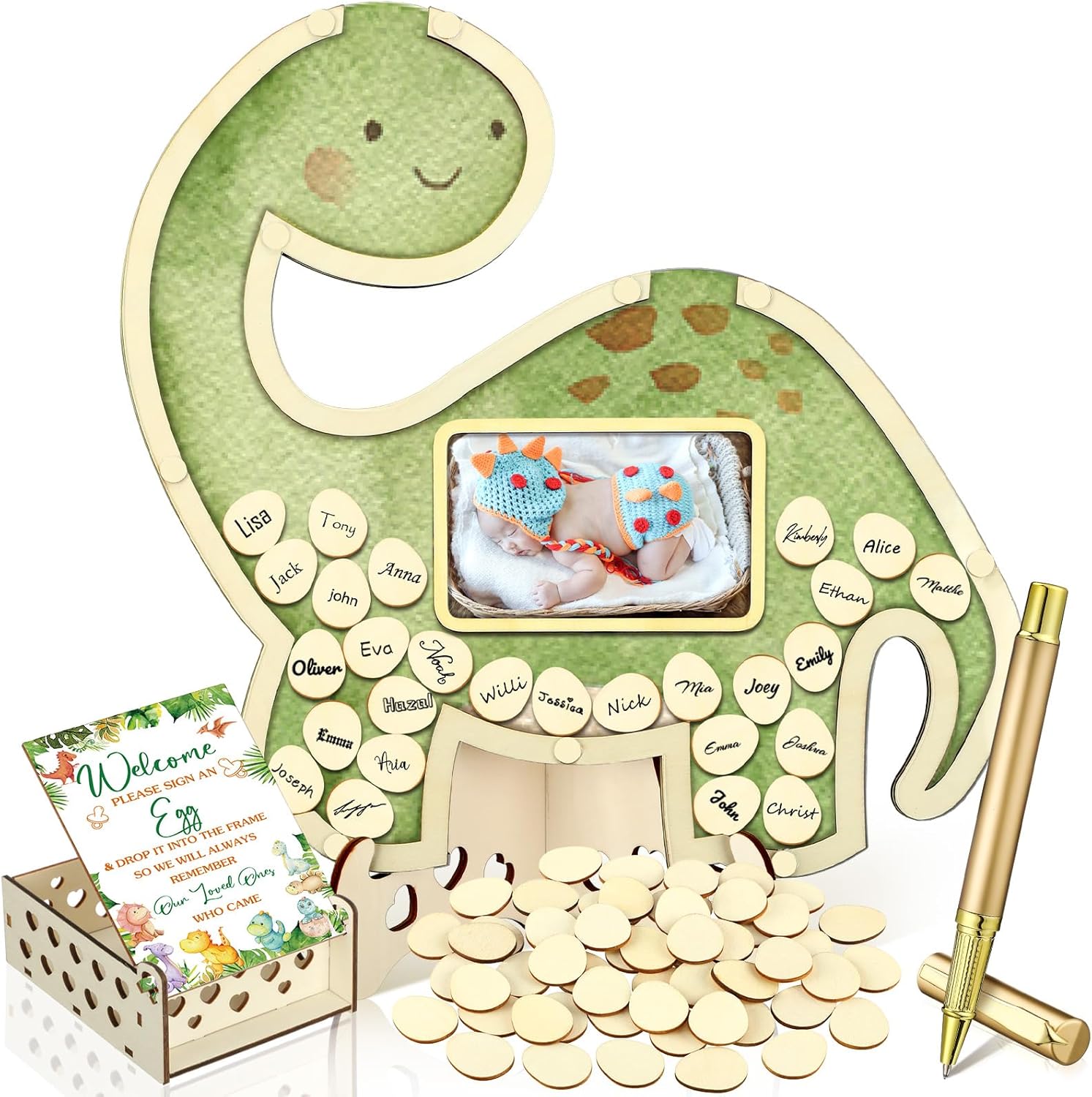 Wenqik 63 Pcs Dinosaur Baby Shower Guest Book Alternatives Set Baby Shower Decorations with Photo Frame Sonogram Frame Keepsake 60 Wood Slices Guest Book for Birthday