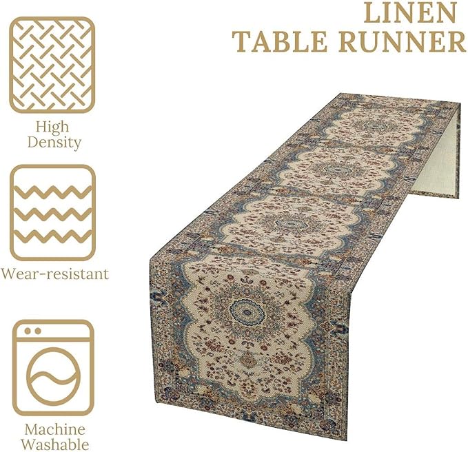 Boho Bohemia Style Table Runner, Vintage Blue Teal Gold Retro Flower Rustic Country Style Floral Print Pattern for Home Kitchen Table Decor Dining Coffee Room Garden Party Decor 13x36in