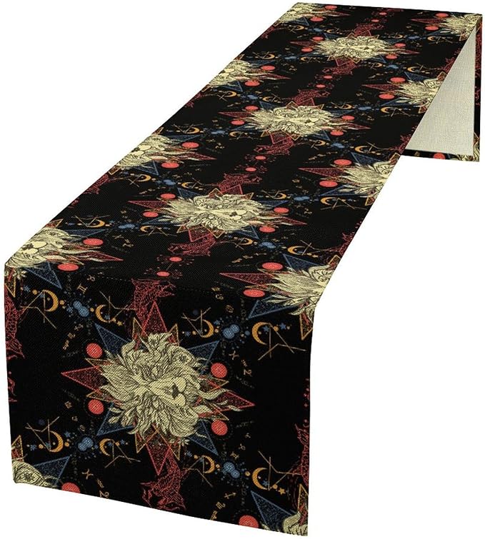 Boho Moon Lion Table Runner, Chinese Fish Phase of The Moon Sun Moon Table Runner for Kitchen Dining Table Home Party,13x120 Inch Black Red