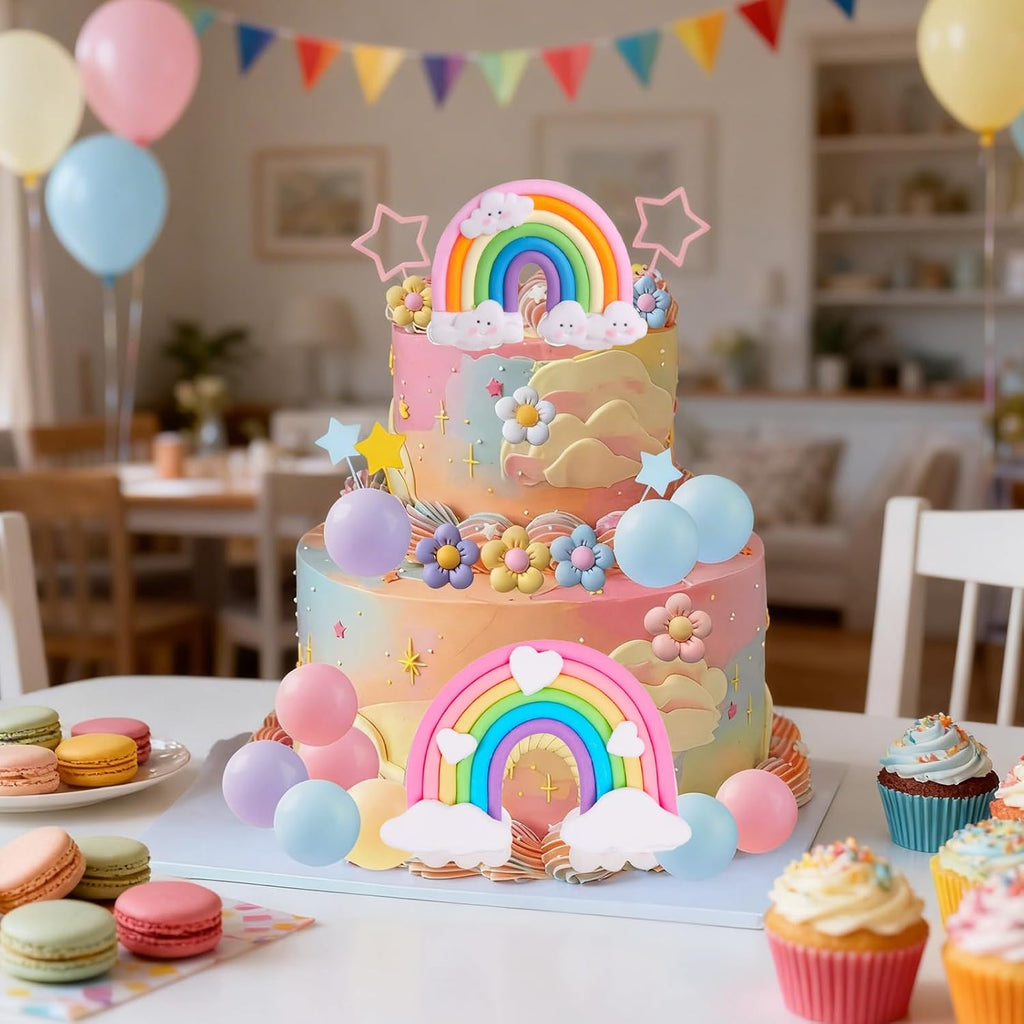39 Pcs Rainbow Cake Topper, Rainbow Party Decorations with Pastel Ball Toppers and Daisy Flowers for Boho Birthday, Baby Shower Cake Decorations