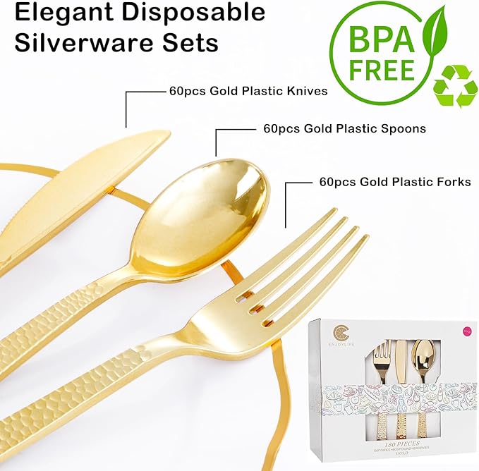 Supernal 180 pieces Gold Plastic Silverware, Disposable Plastic Utensils Heavy Duty, Gold Disposable Silverware Sets Include 60 Knives, 60 Forks and 60 Spoons, Suitable for Party, Birthday, Wedding