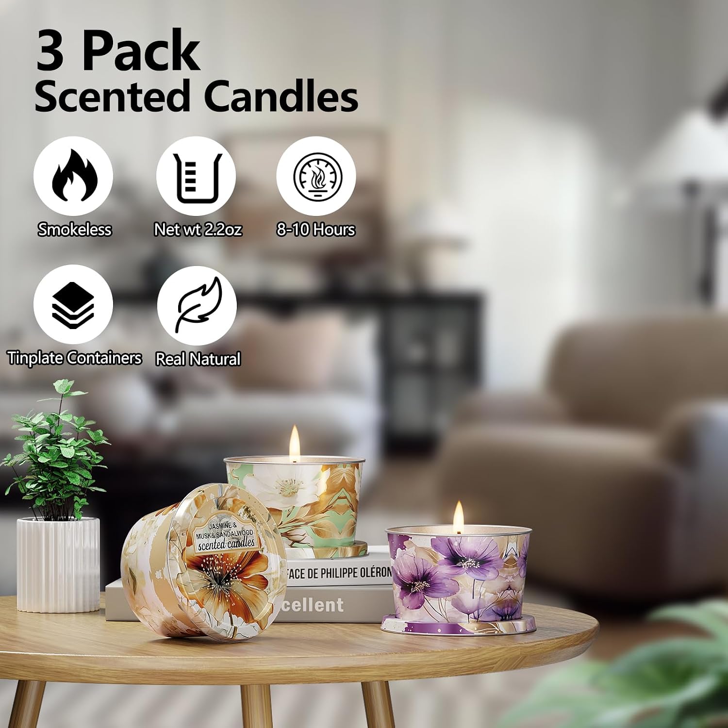 3 Pack Scented Candles-Lavender & Thyme, Vanilla Cake, Jasmine & Musk & Sandalwood, Travel Tin Candle Set, 2.2oz Each, 8-10h Burn Time, Soy Wax, Cotton Wick