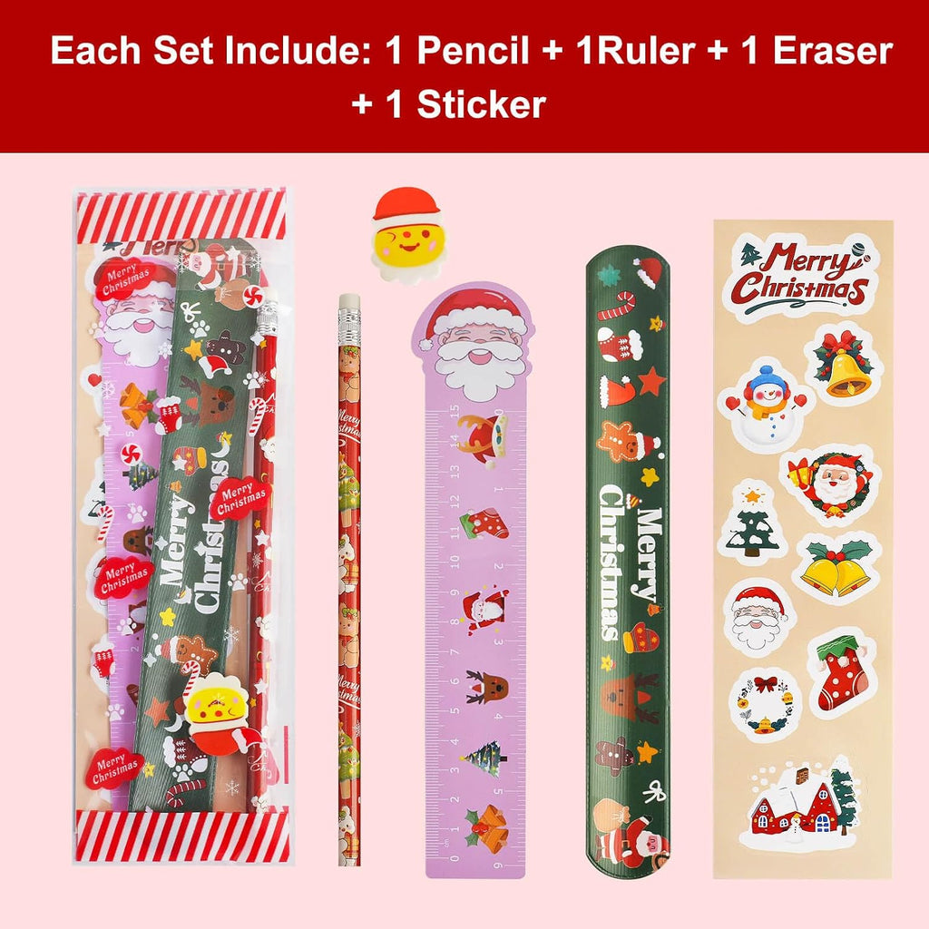 Christmas Party Favors 24 Pack Stationery Set Bulk Goodie Bag Suffers Class Gifts Classroom School Holiday Treat for Students Stockings Pencils Rulers Erasers Stickers slap bracelets
