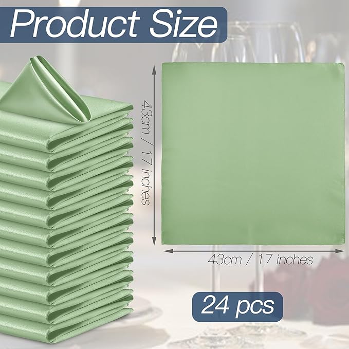 P Pothuiny 24 Pcs Silky Sage Green Satin Napkins 17 x 17 Inches, Square Smooth Wedding Dinner Napkins Satin Cloth Napkins Table Napkins for Banquet Party Restaurant Decor, Thanksgiving, Christmas