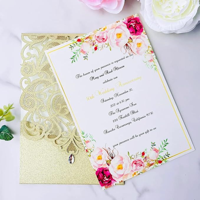 Hosmsua 50PCS Champagne Gold Wedding Invitations Kit 5 x 7.3 Inch Laser Cut Hollow Rose Rhinestone Pocket with Envelope for Wedding Bridal Shower Invite (Champagne Gold Glitter)
