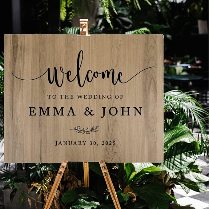 Andaz Press Large Wooden Welcome Sign for Wedding, Rustic Welcome Sign 16" x 20" Custom Names & Date Minimal Woodland Wedding Signage English Oak MDF Wood Finish Wedding Reception Indoor Outdoor Signs