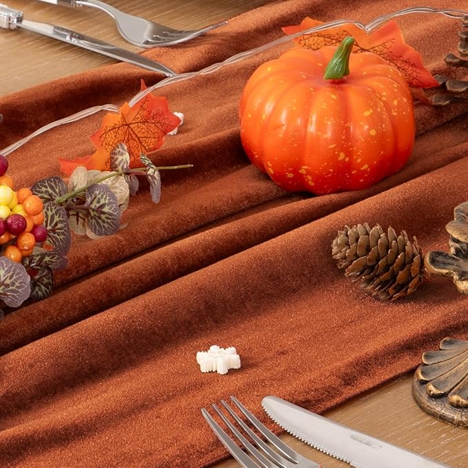 MLMC Terracotta Fall Thanksgiving Table Runner 10ft Luxury Rust Burnt Orange Velvet Table Runner Elegant Home Decor 20x120 Inches for Wedding Bridal Shower Birthday Party Home Decor