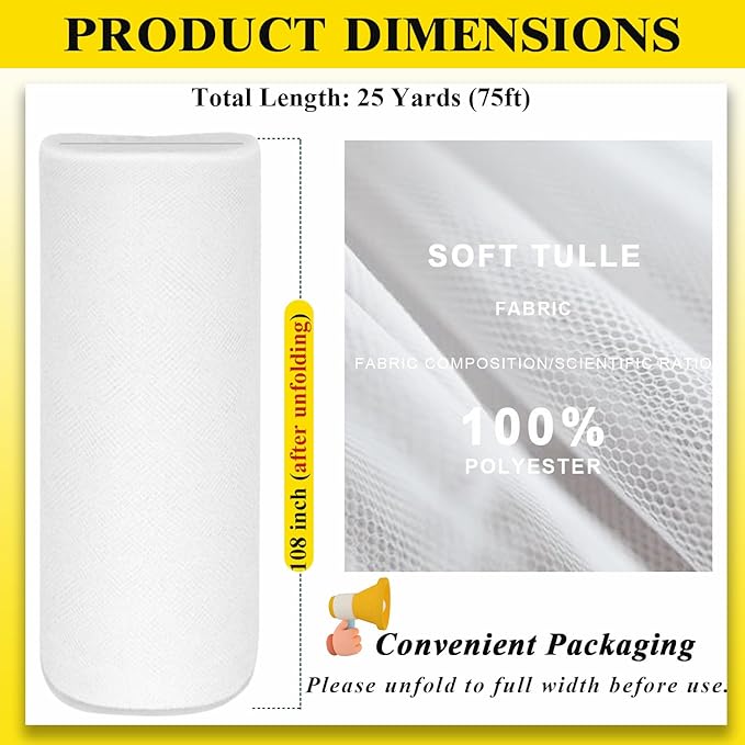 108 Inch 25 Yards White Tulle Fabric Roll, Extra Large Matte Tulle Netting Bolt for Wedding Ceiling Drapes Arch Banquet Party Decorations Tutu Skirt Baby Shower DIY Crafts Gift Wrapping (White)