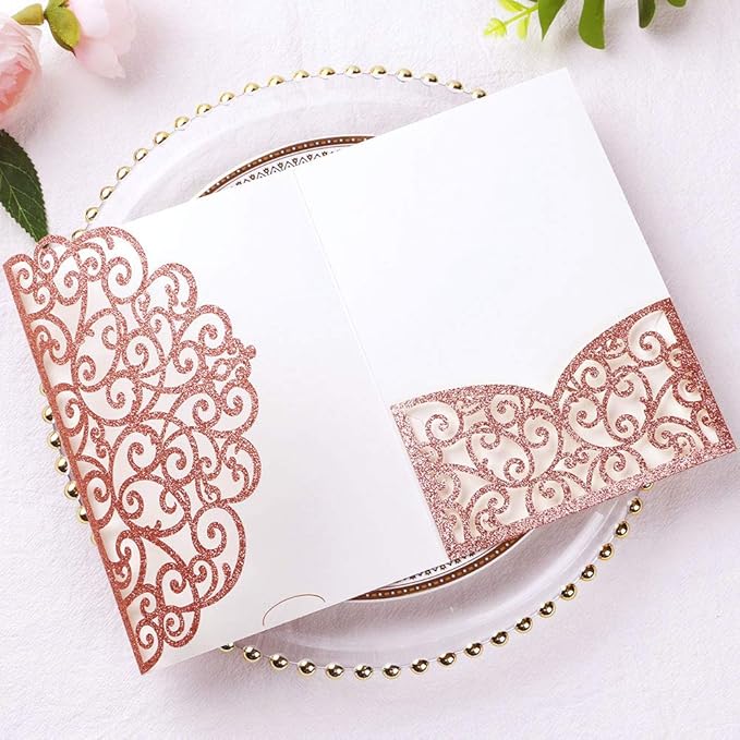 PONATIA 5.12 X 7.2 Rose Gold Glitter Wedding Invitations, 20PCS Tri-Fold Laser Cut Invitations Pockets With Envelopes For Wedding Bridal Shower Engagement Quinceanera Invitations (No Inner Sheet)