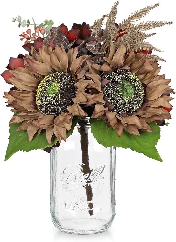 Silk Sunflowers Artificial Flowers with Mason Jar Centerpiece for Table Brown Fall Flowers in Vase Small Fall Floral Arrangement with Vase Thanksgiving Centerpiece for Dining Room Table Autumn Decor