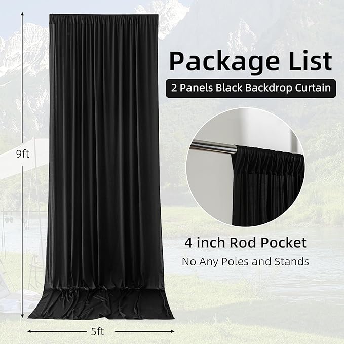 10ft×9ft Black Backdrop Curtain, Wrinkle Free Thick Polyester Drapes for Backdrop, 2 Panels 5ft x 9ft Photo Backdrop Curtains for Parties Birthday Wedding Graduation Photography Background Cloth