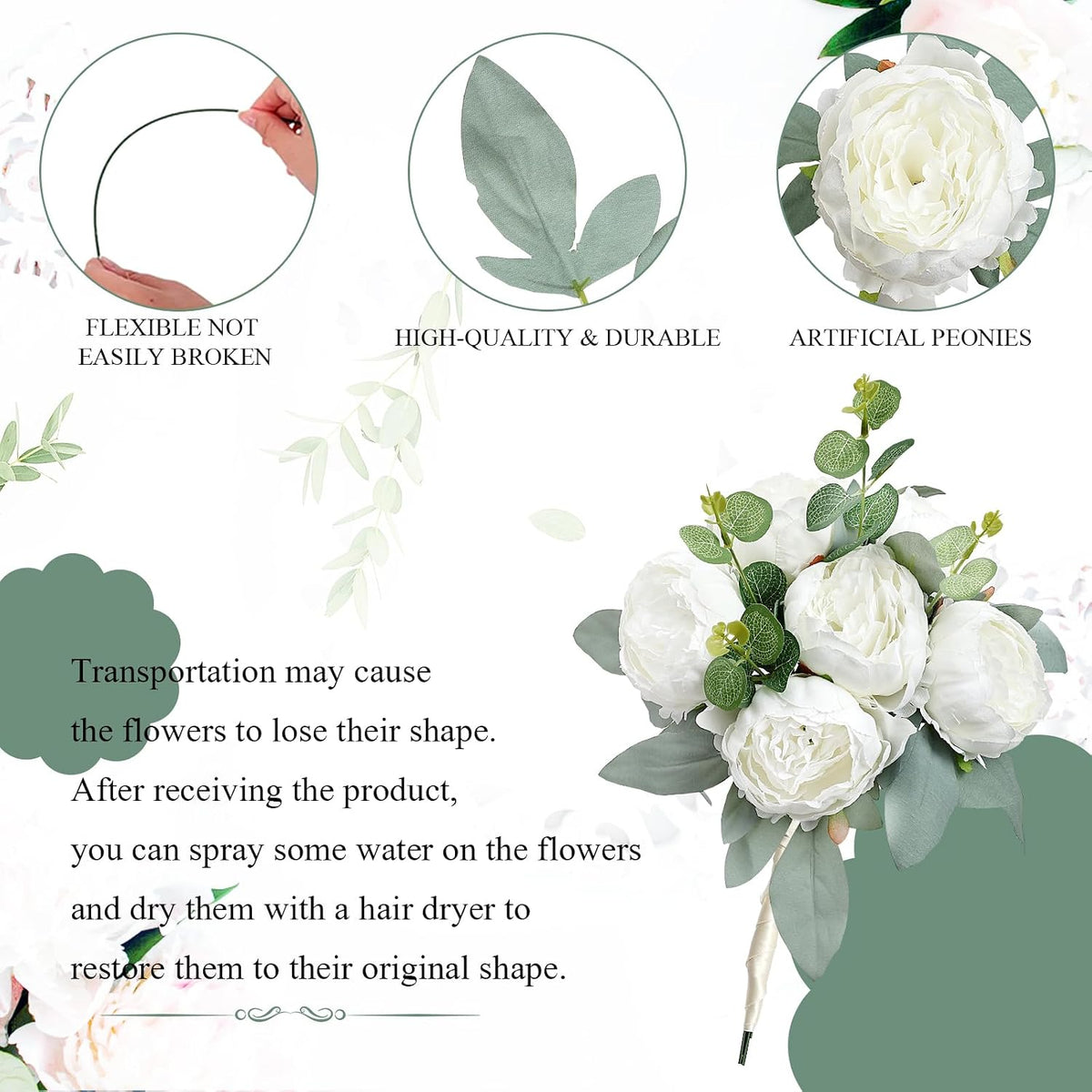 artificial peonies flowers bulk, 4’’ - white, close-up detail