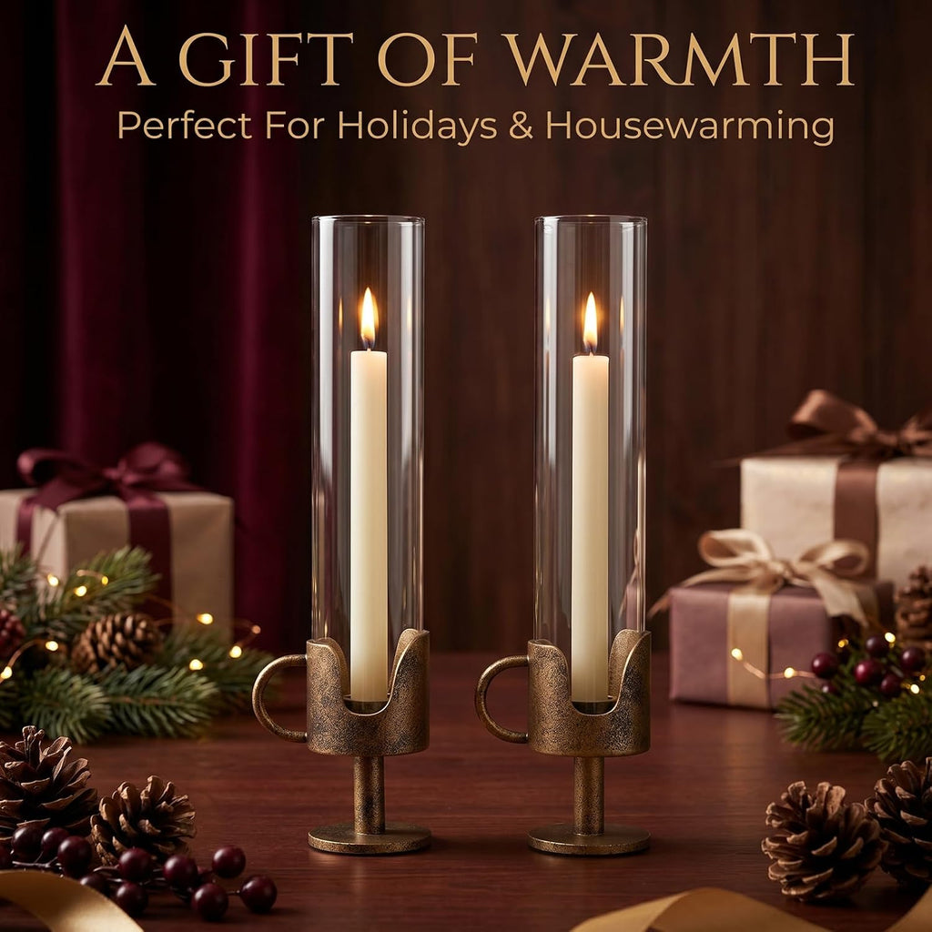 Antique Brass Hurricane Candle Holders with Clear Glass Tube, Set of 2 Vintage Taper Candlestick Holders for Dining Table Centerpiece & Fireplace Mantle Decor, 13.2" Tall