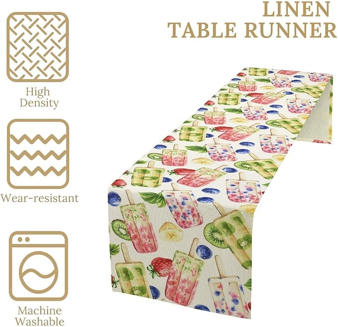 Ice Cream Table Runner, Watercolor Fruit Ice Popsicles Berry Kiwi Cold Summer Desserts Seasonal Dinner Runner for Party Holiday Home Kitchen Dining Table Decor 13"x120"