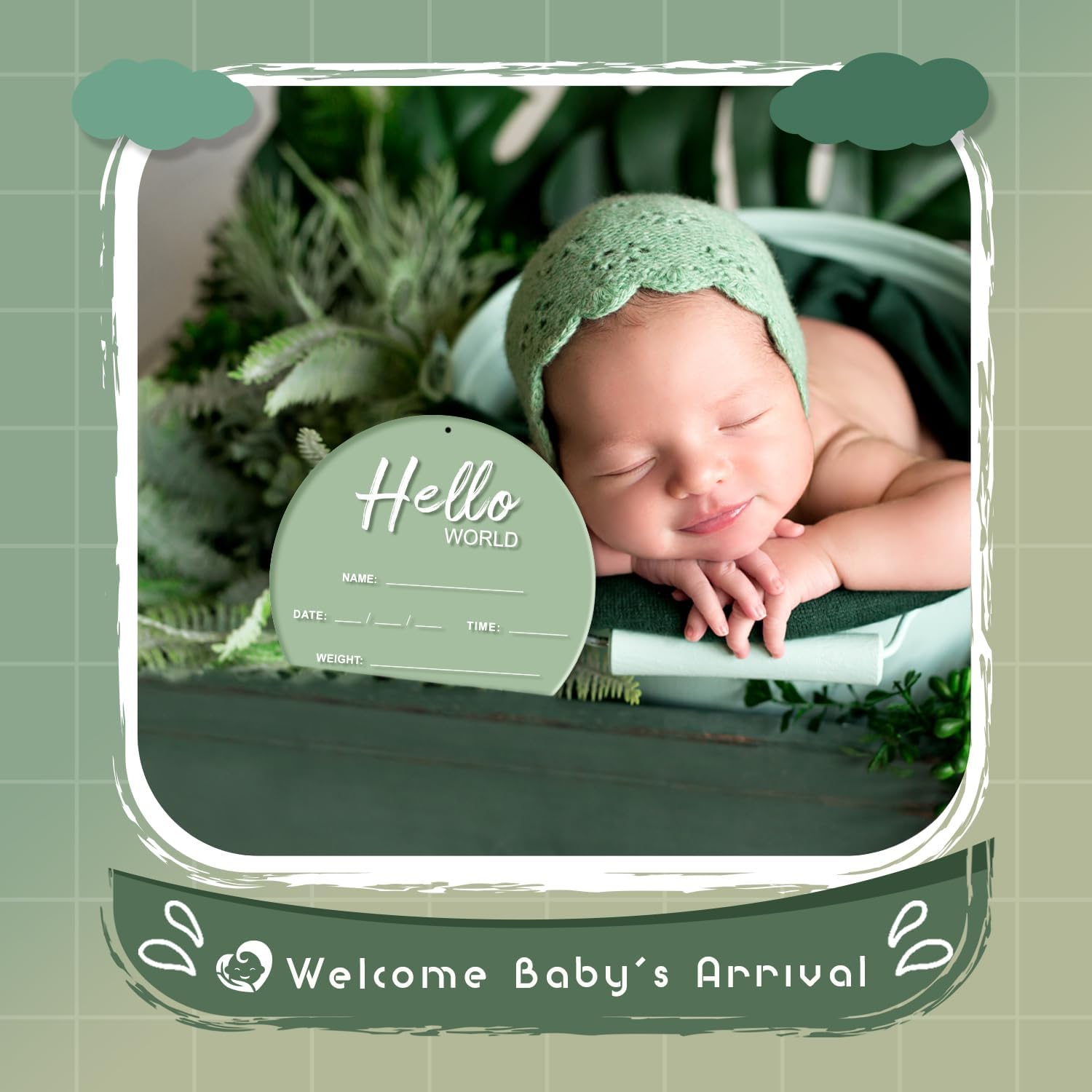 Baby Announcement Sign, 6.7 Inch Acrylic Hello World Newborn Sign Green | Thickness Welcome Baby Sign for Hospital, Birth Announcement Sign, Newborn Photography Props for Nursery Keepsakes & Sweet