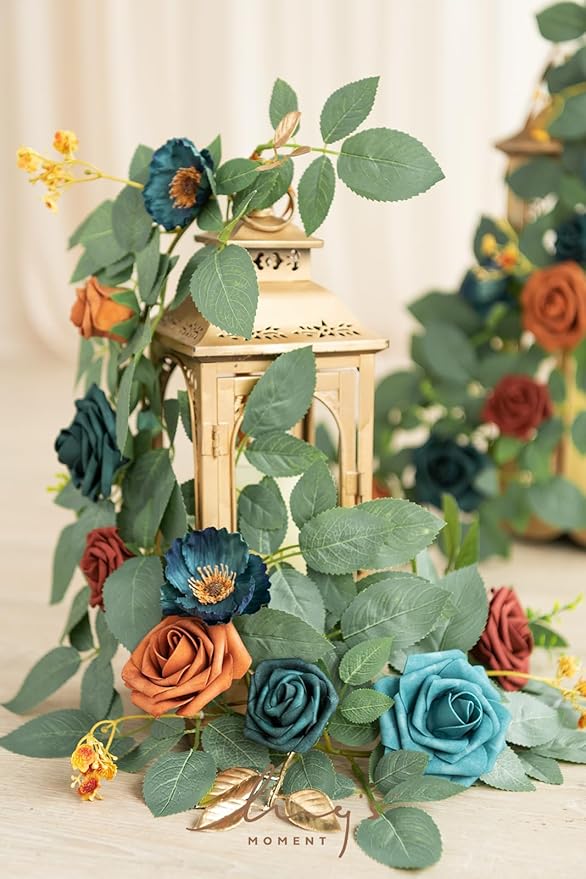 Ling's moment 2Pack 2ft Artificial Flowers Garland Teal Blue & Terracotta Lantern Flower Centerpieces Wedding Aisle Decor Chair Flowers Arch Floral for Pew Signs DIY Table Wall Window Decoration