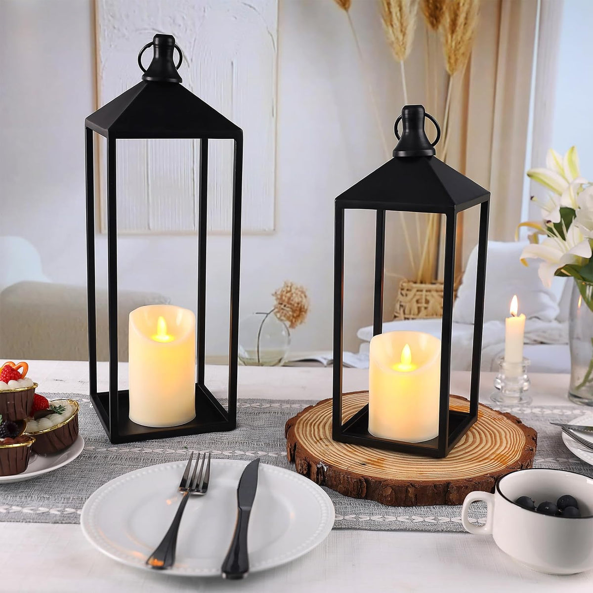 Lanterns Decorative Outdoor Indoor, 17" 13" Set of 2 Black Candle L...
