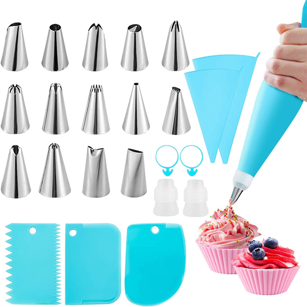 Piping Bags and Tips Set, Cake Decorating Kits with 14 Stainless Steel Baking,2 Reusable Silicone Pastry Bags,3 Icing Smoother, 2 Couplers,2 Ties&2 Cupcakes for Baking Decorating Cake,25 Pcs