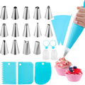 Piping Bags and Tips Set, Cake Decorating Kits with 14 Stainless Steel Baking,2 Reusable Silicone Pastry Bags,3 Icing Smoother, 2 Couplers,2 Ties&2 Cupcakes for Baking Decorating Cake,25 Pcs