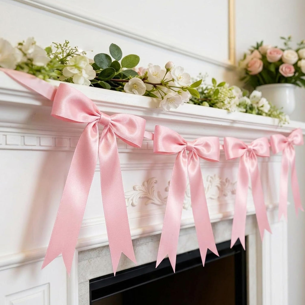 2 Strings Pink Bow Garland Banner Decorations, 16Pcs Pre-Strung Satin Ribbon with 6.7ft Chain for Girl Pink Ribbon Bow Banner Coquette Room Birthday Baby Bridal Shower Wedding Bachelorette Party Decor
