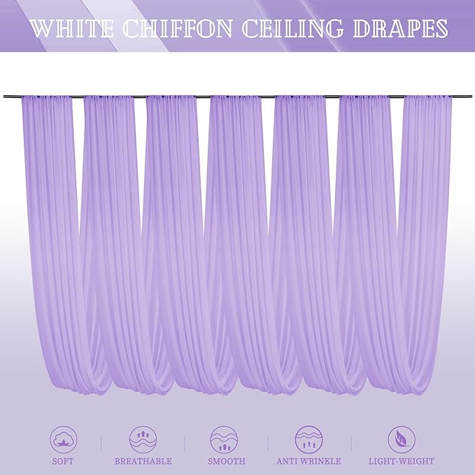6 Panels Lavender Ceiling Drapes for Wedding 5ftx30ft Chiffon Fabric Arch Draping Curtains Sheer Drapery for Party Ceremony Birthday Baby Shower Reception Stage Swag Ceiling Decorations