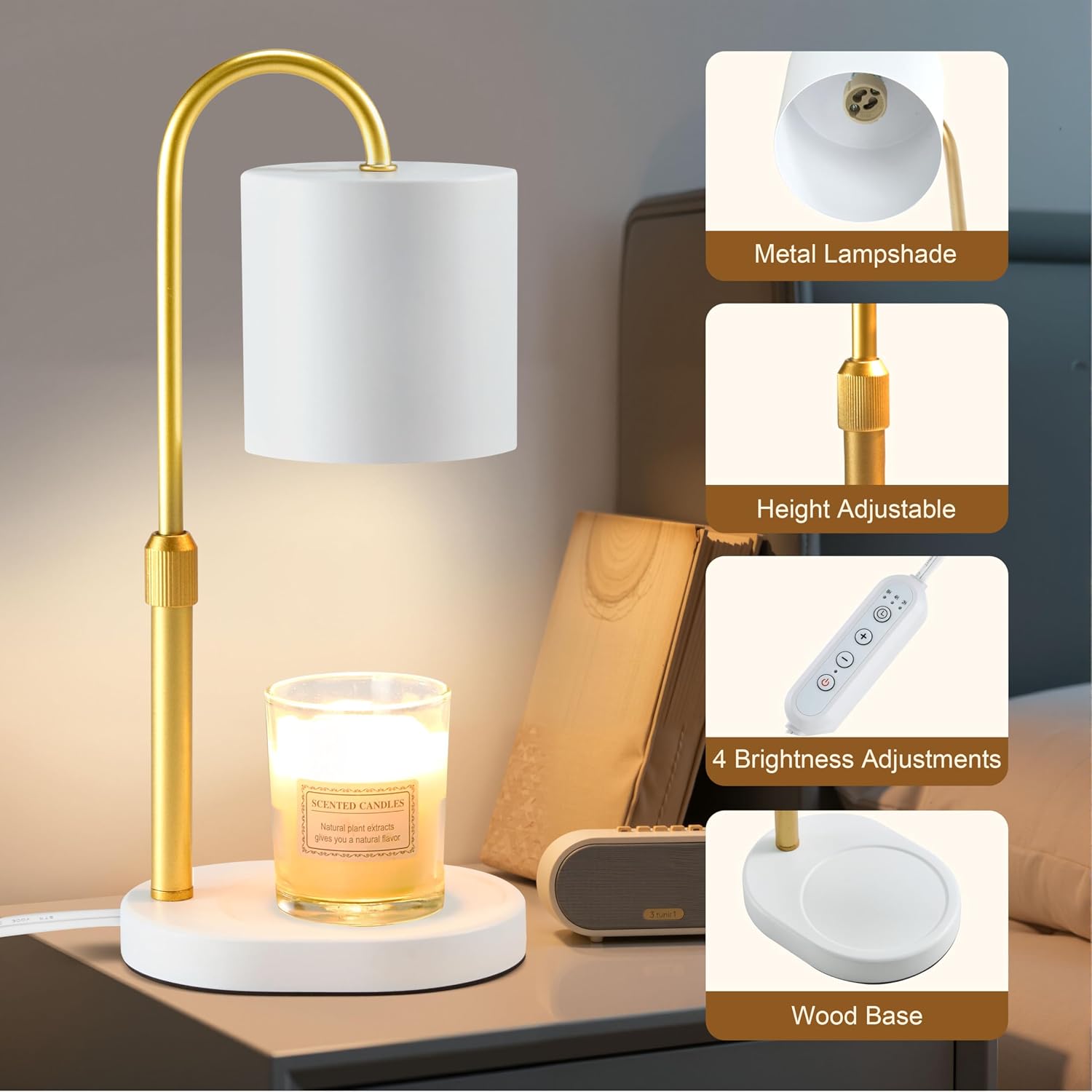 Dreamholder Electric Candle Warmer Lamp with Timer & Dimmer, Adjustable Height Wax Melt Warmer for Jar Candles, Wood Base Candle Melter, Floral Home Decor Gifts for Women, Mom, White Gold