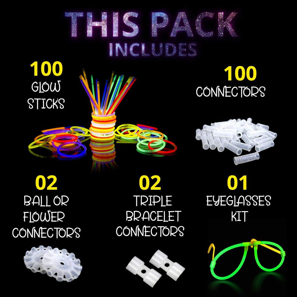 Ammy Glow Glow Sticks (205 Pcs Kit) Bulk Party Pack-100 Pack Glow Sticks with Connectors & Glasses- Party Favors for Kids 8-12- Neon Glow in The Dark Party Supplies for Birthdays & Events