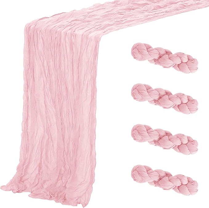 Aktor 4 Pack Pink Table Runner Boho Cheesecloth Table Runner Semi Sheer Gauze Fabric Runners for Wedding Birthday Baby Shower Party Boho Table Decoration（Pink）