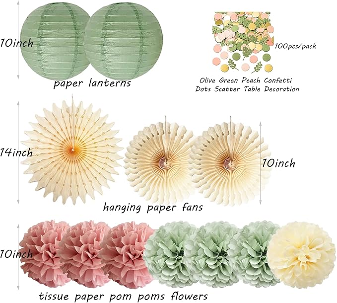 Dusty Pink and Sage Green Party Decorations Dusty Rose Sage Green Tissue Pom Poms Paper Lanterns Confetti Dots Scatter Table Decoration for Women Girls Birthday Party Wedding Baby Shower Engagement