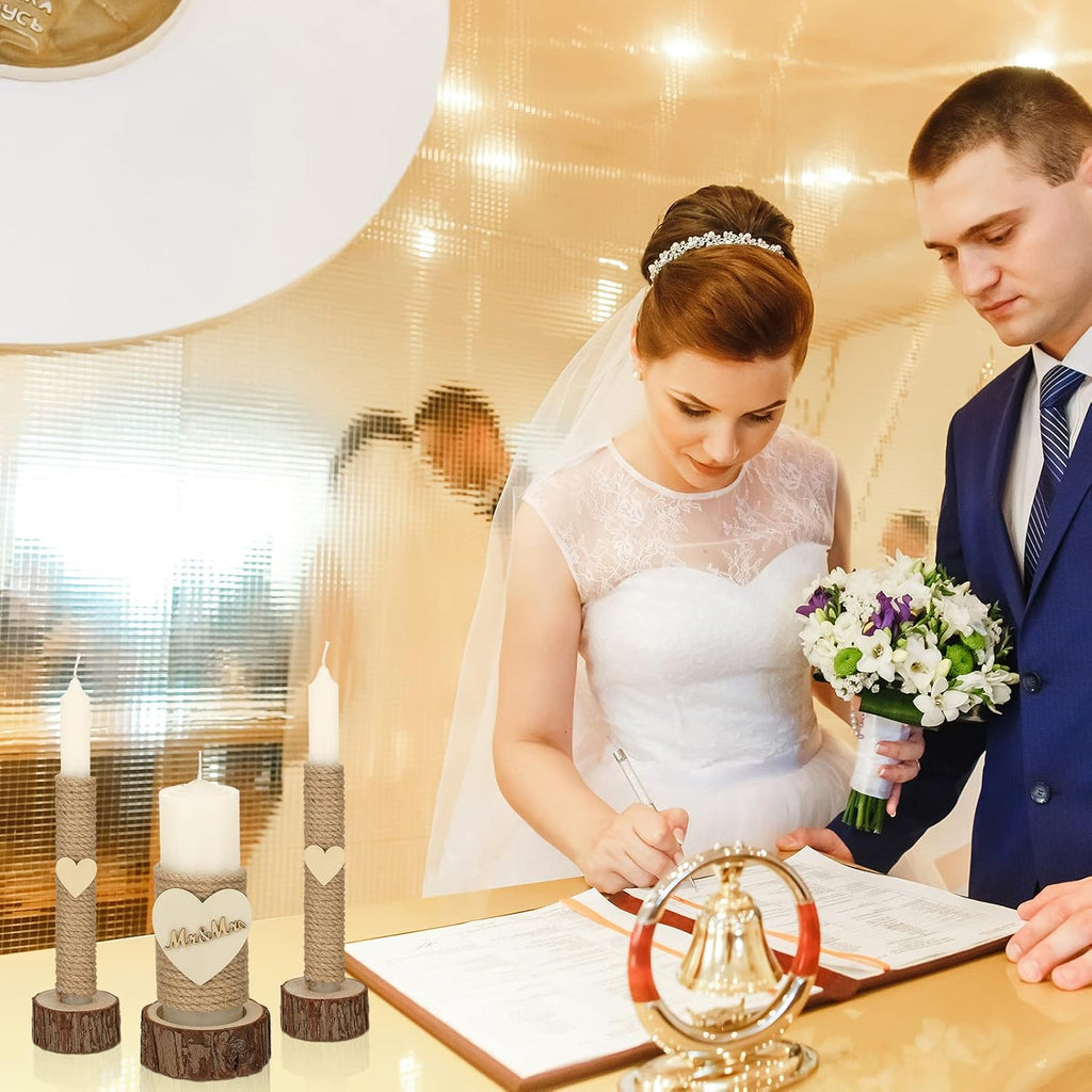 Amyhill 3 Pcs Rustic Unity Candles for Wedding Ceremony Set Mr and Mrs Burlap 1(5.9'') Pillar 2(9.8'') Taper Candles for Weddings Ceremony Events Decor Emergency Lighting(Romantic Style)