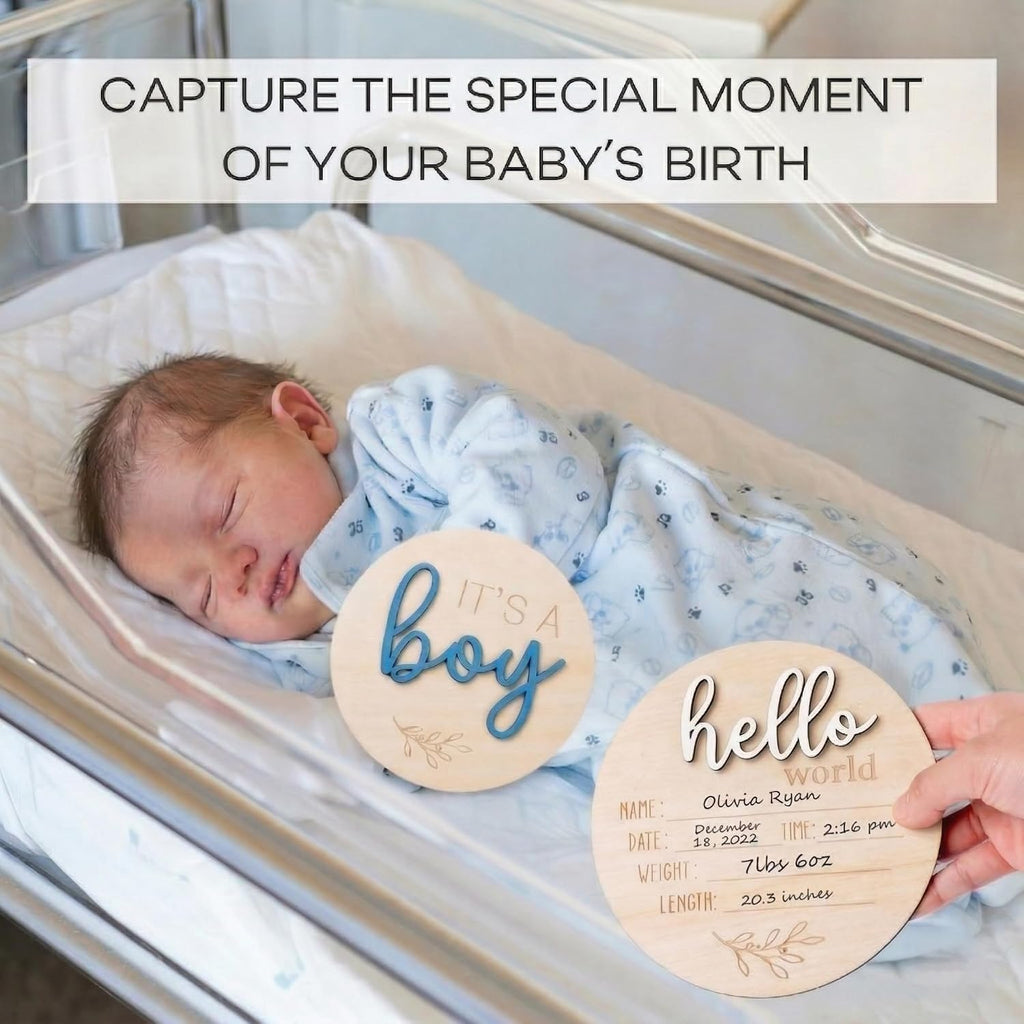 Gender Reveal Sign for Baby Birth: 3Pcs It's A Boy Girl & Hello World Announcement Sign for Hospital - Wooden Newborn Welcome Board for New Boys and Girls