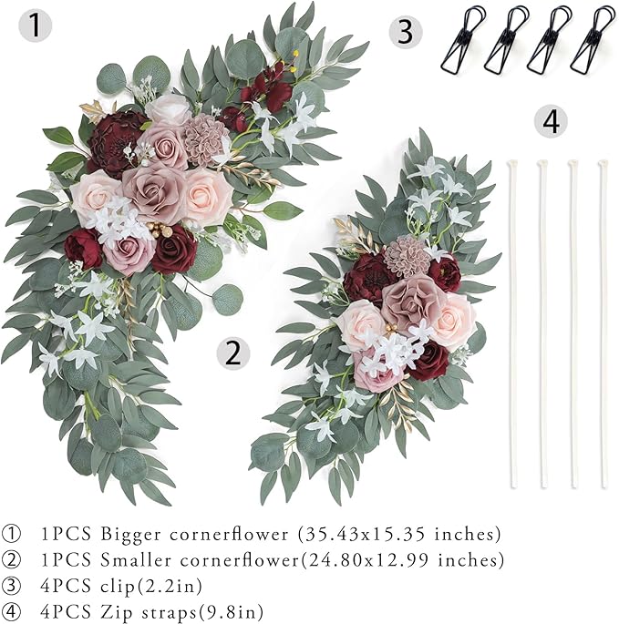 Ponatia Wedding Arch - Artificial Burgundy & Dusty Rose & Blush Flowers (Pack of 2) for Wedding Welcome Signs, Ceremony & Reception