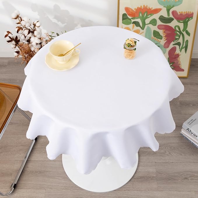 Round White Tablecloth 48 Inch Polyester Fabric Washable Table Cloth Decorative Wrinkle Resistant Solid Color Table Cover for Kitchen Dinning Party Wedding Camping