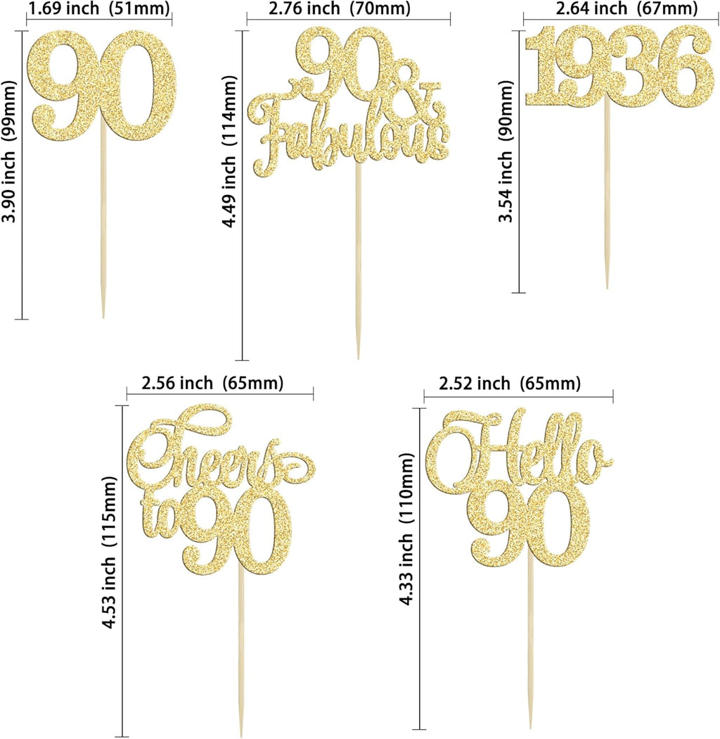 Gyufise 30Pcs 90th Birthday Cupcake Toppers 90 Fabulous Cupcake Picks Cheers to 90 1935 Cake Decorations for Happy 90th Birthday Wedding Anniversary Party Decoration Supplies Gold