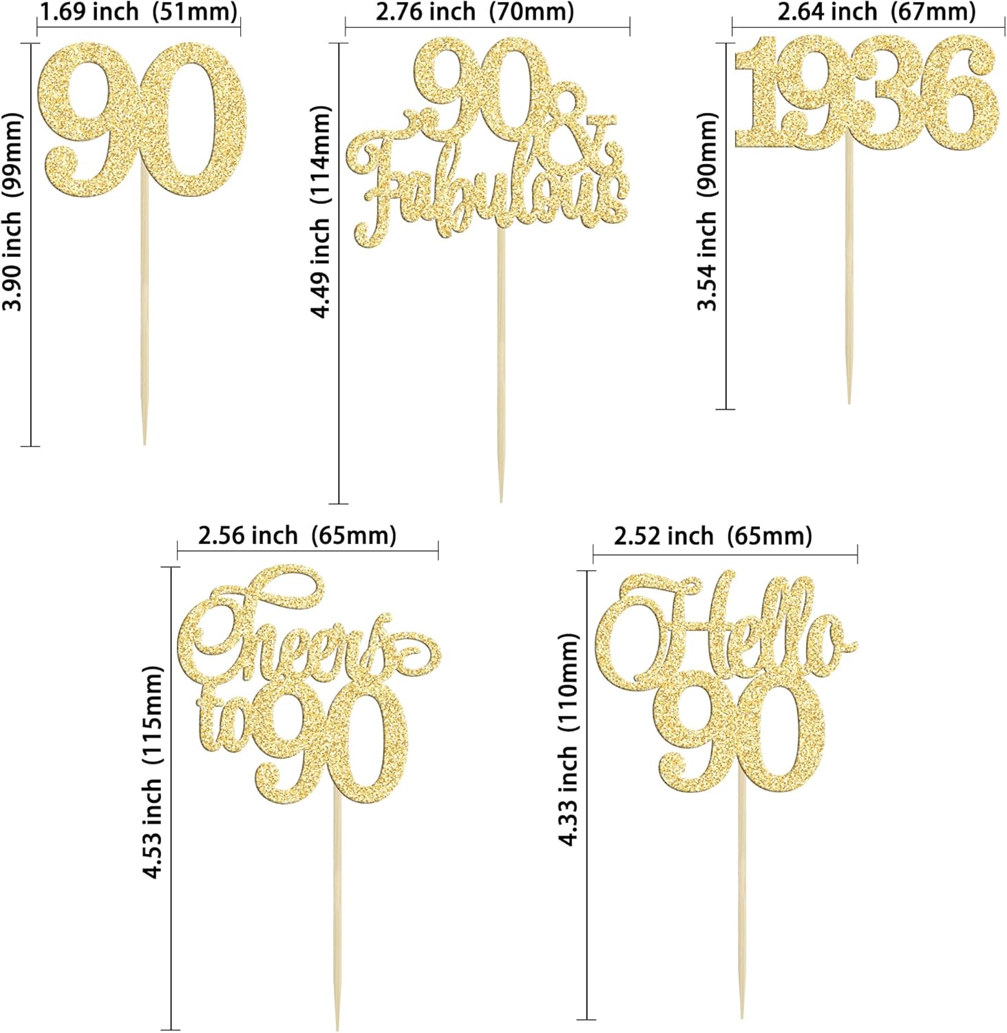 Gyufise 30Pcs 90th Birthday Cupcake Toppers 90 Fabulous Cupcake Picks Cheers to 90 1935 Cake Decorations for Happy 90th Birthday Wedding Anniversary Party Decoration Supplies Gold