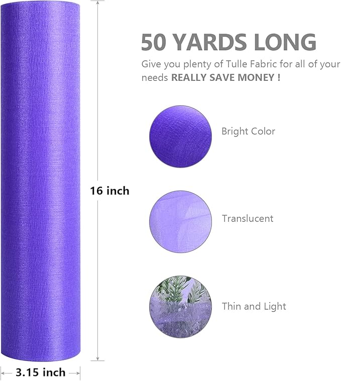 Crystal Organza Fabric Tulle - 16" by 50 Yards Sheer Fabric for Wedding Party Decoration Bridal Shower Tutu Roll Netting Spool Ribbon Wrapping (Purple)