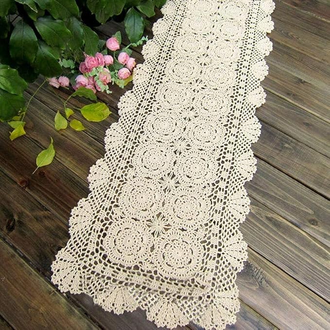 Phantomon Lace Table Runner Rectangular Table Cover Cloth Handmade Crochet Floral Placemats 100% Cotton (Floral Beige, 15x39Inch)