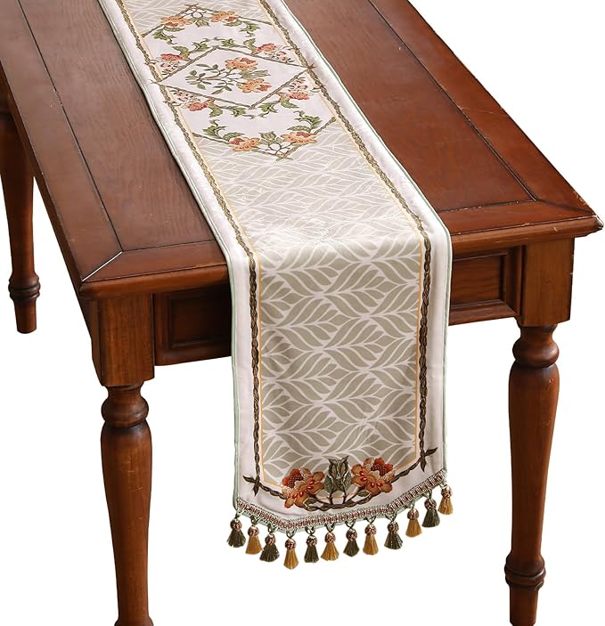 patdrea Designer Elegant French Floral Velvet Table Runner 87 Inch Long, Green with Orange Blossoms Pattern Table Mat, Decor for Kitchen Dining Coffee Table Cabinet Banquet Thanksgiving,12"*87"